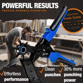 ToolTopia Hole Punch for Leather [Complete Set], Hole Punch, Leather Tool, Punch Plier Paper, Belt Hole Punch, or Hole Punch for Fabric, Biothane, Faux Leather, etc. Hole Puncher with Comfort Lever