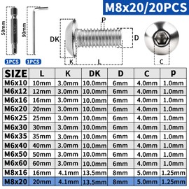 XRXYMQ Pack of 20 Rounded Head Screws M8 x 20 mm Flat Head Screws Hexagon Socket 304 Stainless Steel Screws Round Head Screws Full Thread Machine Screws for Furniture Installation Wood Assembly