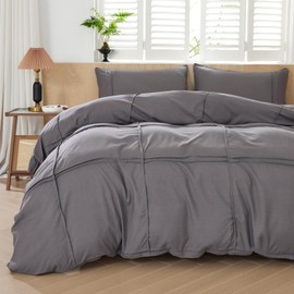 AiMay Duvet Cover Set King Size Pintuck Pleated Bedding Set 3 Pieces Textured Ultra Soft Comfy and Breathable All Season Easy Care Solid Color with Zipper Closure & Corner Ties (Gray, King)
