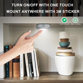 HONWELL Push Light, batteriebetriebenes Puck Light,Wasserhahnleuchte mit 60 Lumen und 3000K Schranklampe Drücken Sie Lampe Lampe zum Aufkleben,Ideal für Küchenschränke und Schränke, 6er-Pack, Silber