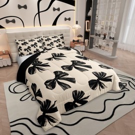 Erosebridal Bow Bedding Set Queen Black Bow Tie Bedding Comforter Sets for Kids Teen Adults Room Decor,Watercolor Bowknot Comforter Set Black White Simple Decor Bed Duvet Set