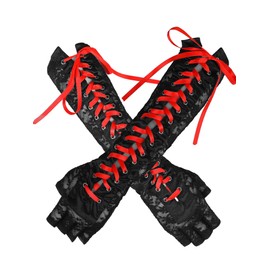 Geyoga Long Lace Fingerless Gloves Women Elbow Punk Flower Ribbon Gloves for Bridal Wedding Tea Party Dance Prom Accessories (Black and Red)