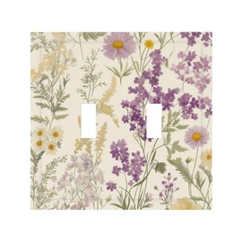 Watercolor Floral Leaves 2 Gang Light Switch Cover Small Purple Flowers Daisies Double Toggle Wall Plate Decorative Electrical Switchplate Covers for Country Bedroom Kitchen Living Room Decor