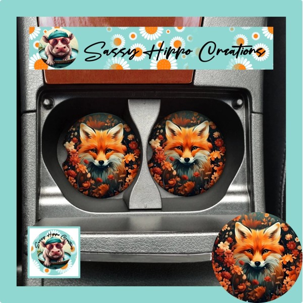Handmade Car Coasters Red Fox Autumn Leaves Fall Season Time