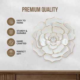 LuxenHome Metal Flowers Wall Art Decor, 24'' Large Farmhouse Wall Decor for Living Room, Bedroom, Bathroom, Patio, Kitchen, Office, Hall Way, Luxury 3D White Metal Wall Flower, Gold Flower Wall Decor