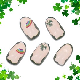 BABALAL Press on Nails Short Almond Fake Nails Green Glue on with Shamrock design Stiletto 24Pcs Acrylic Nails for Women and Girls