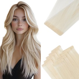 TESS Tape In Hair Extensions Human Hair Invisible Blonde Injected Tape Seamless Real Hair Straight 10 Pcs 25G - #60 Platinum Blonde - 22 Inch