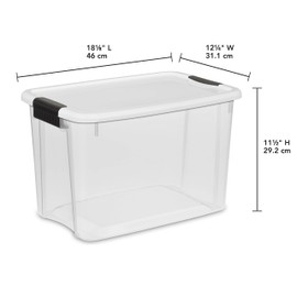 Sterilite 19859806, 30 Quart/28 Liter Ultra Latch Box, Clear with a White Lid and Black Latches, 6-Pack