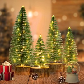 4 Pcs Mini Christmas Trees, 4 Sizes Artificial Christmas Bottle Brush Trees with String Lights Button Cell Battery Powered Tabletop Tree Decoration (Warm White)