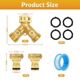 Double Outlet Garden Tap, Y Hose Connector, Garden Hose Splitter 2 Way, 3/4" Brass Tap Connector Individual On/Off with 2 Quick Connector and Fittings for Watering, Gardening, Washing