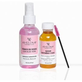 AVELINA COSMETICS Kit Serum Alargador de Pestañas y Cejas 100% natural 60 ml. Incluye Tónico de Rosas con Aloe Vera 120 ml.