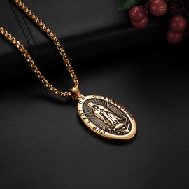 Flongo Rosary Chain Necklace, Stainless Steel Pendant Necklace Chain Silver Gold Golden Virgin Mary Saint Mary Mother of God Retro Medallion Men Women, Stainless steel, high-quality