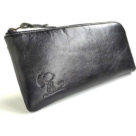 Snoopy Adult Long Wallet, Genuine Leather, Slim Design, with Exterior Pocket, L-Shaped Zipper [90941] (Black)