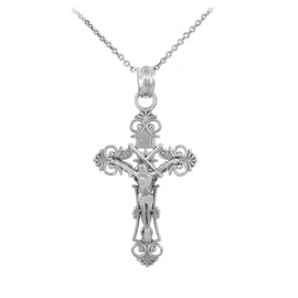 Religious Jewelry by FDJ - Fine 925 Sterling Silver Floral Cross Charm Filigree Crucifix Pendant Necklace, 18 inches