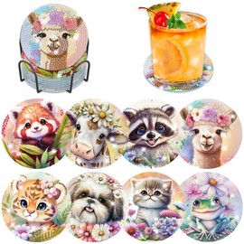BOWETILE 8PCS Animals Diamond Art Painting Coasters Kit with Holder, Animals Diamond Art Kits for Adults Beginners, DIY Funny Drinks Coasters with Cork, Arts and Crafts Kits for Home Table Decor