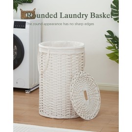 SETVSON Large Laundry Hamper Laundry Basket Round 34.3 Gal (130 L) Handwoven Wicker Laundry Baskets Rattan Laundry Basket with Laundry Bag Handles 2 Mesh Bags for Living Room Bedroom White
