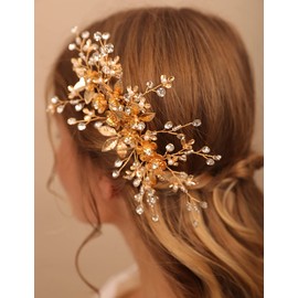 Deniferymakeup Gold Flower Leaf Hair Comb Hair Piece Crystal Rhinestone Bridal Hair Accessories for Wedding Women and Girls