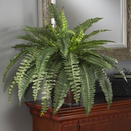 Nearly Natural Boston Fern with Wicker Basket Silk Artificial Plant, 28 In. W x 28 In. D x 23 In. H, Green