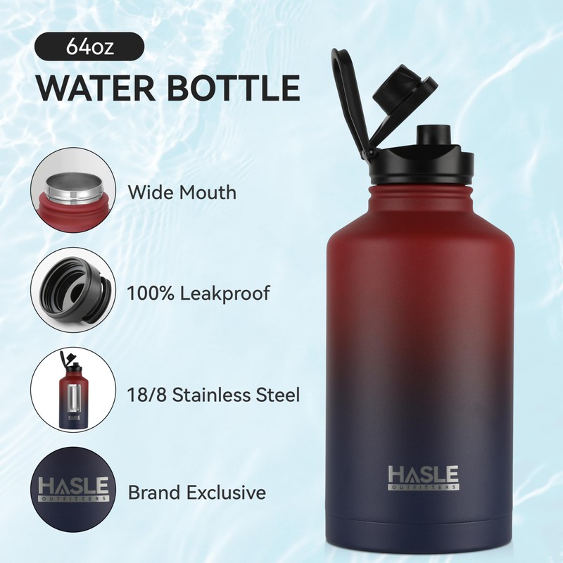 HASLE OUTFITTERS Half Gallon Insulated Water Bottles 64 oz, Stainless