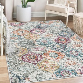 Lahome Moroccan Trellis Washable Small Area Rug, 3x5 Black Rug for Bedroom Living Room, Non-Slip Oriental Accent Throw Carpet for Kitchen Office Entryway Bathroom Office Elise, Aqua/Multi