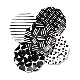 Coterie Black and White Large Paper Plates (Set of 10) - For Summer Party, Dinner Birthday Party Stripe, Polka Dot | 9.25” Modern 2 each design, Yellow,Blue,White