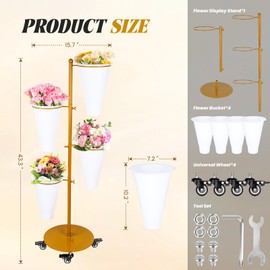 LEALIBAUSS Metal Flower Bar Stand With 4 Buckets Flower Cart Display Stand with Wheels Floral Bar for Wedding,Garden Events Party Decor (GOLD)