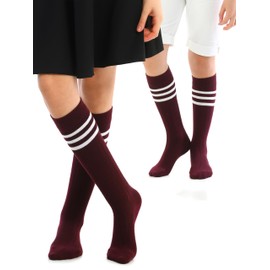 Hugh Ugoli Knee High Socks for Girls, Boys, Natural Premium Cotton Long Tube School Uniform Socks with Stripes, Soft & Comfortable, Burgundy, 12-14 Years Old, 4 Pairs