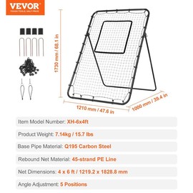 VEVOR Baseball And Softball Rebounder Net, 3 x 4.5 ft PitchBack Baseball Pitching Nest, 3-Way Baseball, Softball Pitchback Net, Fielding Trainer, Bounce Back Net for Fielding/Throwing Practice:_4 x 6 ft - Adjustable Angle