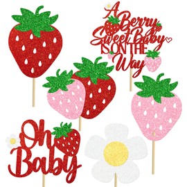 Umoni Strawberry Baby Shower Centerpiece Sticks - 16pcs Bamboo Glitter Berry Sweet Table Decorations for Baby Shower, Birthday Party, Wedding & More