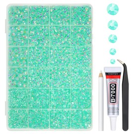 qiipii Aquamarine Green AB Resin Rhinestones w B7000 Jewelry Glue for Bedazzling Crafting 2mm-6mm Flatback Jelly Stones Diamonds Bedazzler Kit for Nails Face Eyes Makeup Tumblers Bottles Crafts Shoes
