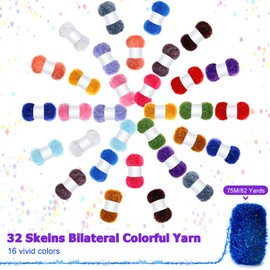 Threlaco 32 Skeins Yarn for Scrubbies, 2624 Yard Colorful Sparkly Bilateral Yarn Assorted Polyester Rainbow Yarn Crochet Soft Crochet Yarn Craft Kit, 82 Yards Each(Vivid)
