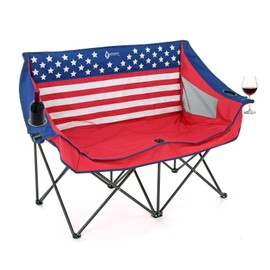 ARROWHEAD OUTDOOR Portable Folding Double Duo Camping Chair Loveseat w/ 2 Cup & Wine Glass Holder, Heavy-Duty Carrying Bag, Padded Seats & Armrests, Supports up to 500lbs, American Flag, USA-Support