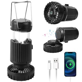 UOUOU Lámpara Camping con Ventilador, 3 en 1 Led Linterna Solar Linterna Recargable, Banco de Energía de 5000 mAh,Tocar Música, Impermeable, para Acampar, Emergencias, Senderismo y Interior (Negro)