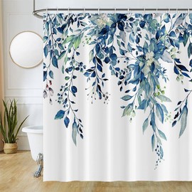 Shower Curtain, Eucalyptus Blue, Uiiooazy Shower Curtain, Green Leaves, Flowers, Pink, White Shower Curtains, Anti Mould, Waterproof Polyester Fabric, Washable Bathroom Curtain with 12 Hooks for