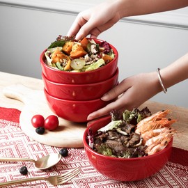 vicrays Ceramic Cereal Bowls Set - Porcelain 26 Ounce Soup Salad Bowls Set - Rice Dessert Cream Bowls Set - Chip Resistant Dishwasher Microwave Safe - Set of 6 (Red)
