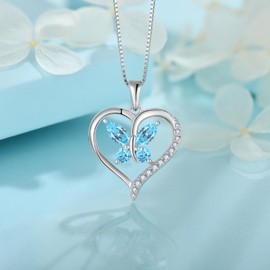 FJ Butterfly Love Heart Necklace for Women 925 Sterling Silver Aquamarine Necklace March Birthstone Pendant Jewelry Gifts for Wife Girlfriend Mom Daughter