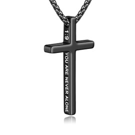 Fiusem Cross Necklace for Men, Inspirational Bible Verse Cross Chain for Men, 316 Stainless Steel Cross Necklace for Men Black Plated, BE STRONG BE BRAVE BE FEARLESS YOU ARE NEVER ALONE