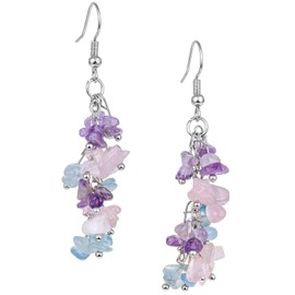 TUMBEELLUWA Crystal Chip Stone Dangle Hook Earrings for Women Healing Chakra Tumbled Stones Eardrops, Rose Quartz & Amethyst & Aquamarine