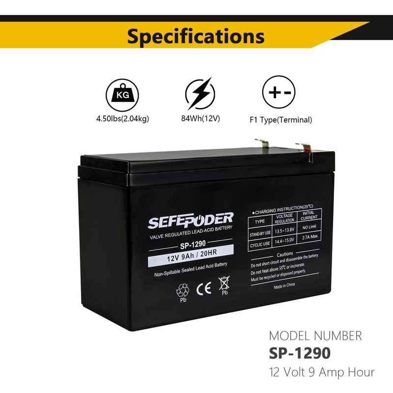 SEFEPODER 12V 9Ah Rechargeable Sealed Lead Acid Battery（SLA） 2 Pack