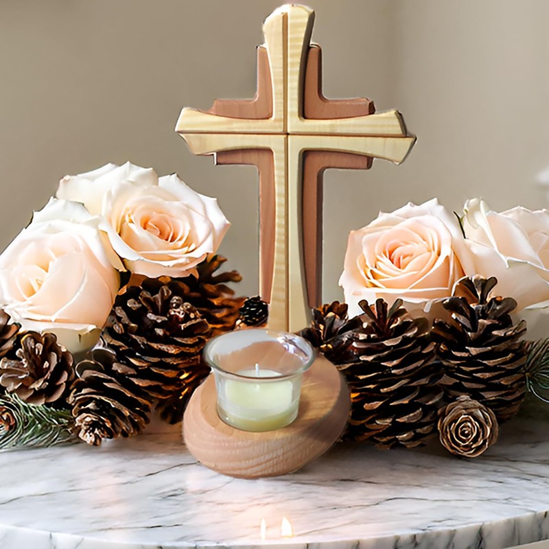 Tea Light Holder with Cross Beechwood in Modern Style
