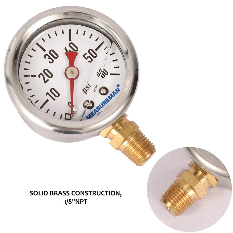 MEASUREMAN 1-1/2" Dial Size, Glycerin Filled Fuel Pressure Gauge, 304