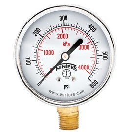 Winters PEM Series Steel Dual Scale Economical All Purpose Pressure Gauge with Brass Internals, 0-600 psi/kpa, 2-1/2" Dial Display, -3-2-3% Accuracy, 1/4" NPT Bottom Mount