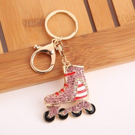 Cute Bling Crystal Skates Keychain with 1 Pcs Sugar Cube Rhinestone Bracelet, Gold Sparkling Alloy Charm Sport Pendant (A2)