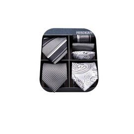 HISDERN Mens Tie and Pocket Square Set Extra Long Ties for Men Grey Silver Silk Necktie Handkerchief 63 Inch Formal Business Wedding Neckties 3 Pack
