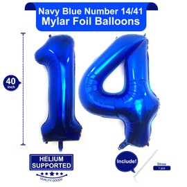 40 Inch Navy Blue 14 Number Balloons Giant Jumbo Huge 14 or 41 Foil Mylar Helium Number Digital Balloons Dark Blue Birthday Mylar Digital Balloons 14th Birthday Anniversary Events Party Decorations Supplies