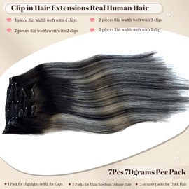 22 Inch Clip in Hair Extensions - 7PCS Natural Black Mixed Silver Grey Long Straight Human Hair Double Weft Ombre Remy Extensions With Highlights