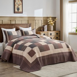 SahSahCasa 120"x120" 100% Cotton Oversized California King Bedspread Coverlet Quilt Set, Plaid Cal King Quilted Bedspread Extra Large Quilt, XL Bed Spread Lightweight Comforter, Brown/Black