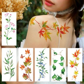 Oottati 6 Sheets Waterproof Fake Lifelike Half Arm Sleeves Shoulder Temporary Tattoos Sticker for Men Women Maple Leaf Heart Leaf Butterfly Pink Flower