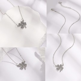 TseenYi Four Leaf Clover Necklace Silver Crystals Mini Initial Four Leaf Clover Necklace Clavicle Chain Jewelry for Women and Girls(1 Pcs)
