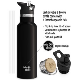 Involve & Evolve Insulated Water Bottle with 3 Lids (Straw Lid) Kids Reusable Double Walled Stainless Steel Flask Metal Thermos 12oz 17oz 20oz 25oz (17 oz, Bare Black)